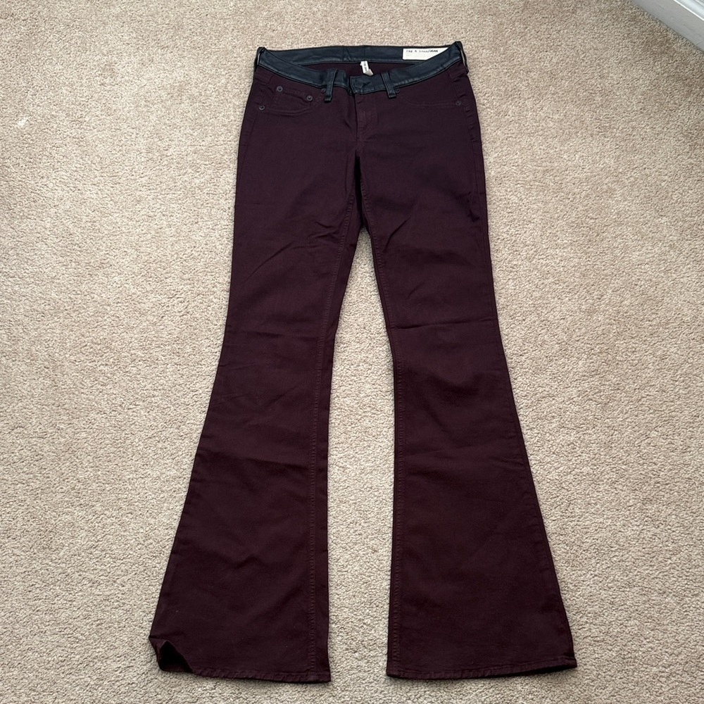 Rag & Bone Elephant Bell Leg Wine Burgundy Wash with Leather Trim Jeans Size 26